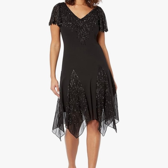 J Kara black cocktail midi dress short sleeve beaded hanky hem whimsigoth gatsby - Picture 1 of 15